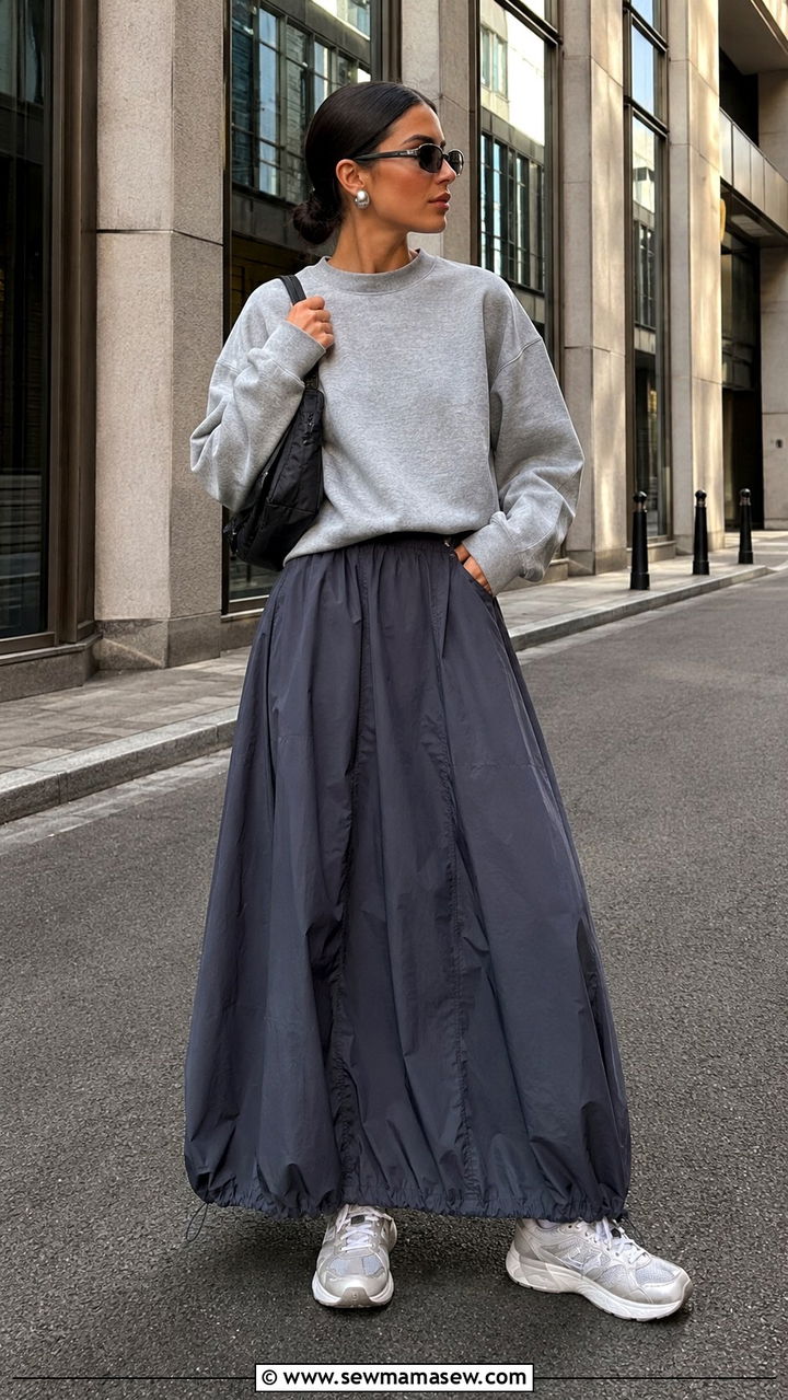 Crewneck Sweatshirt With A Parachute Maxi Skirt Outfit - 30 how to style maxi skirt outfits