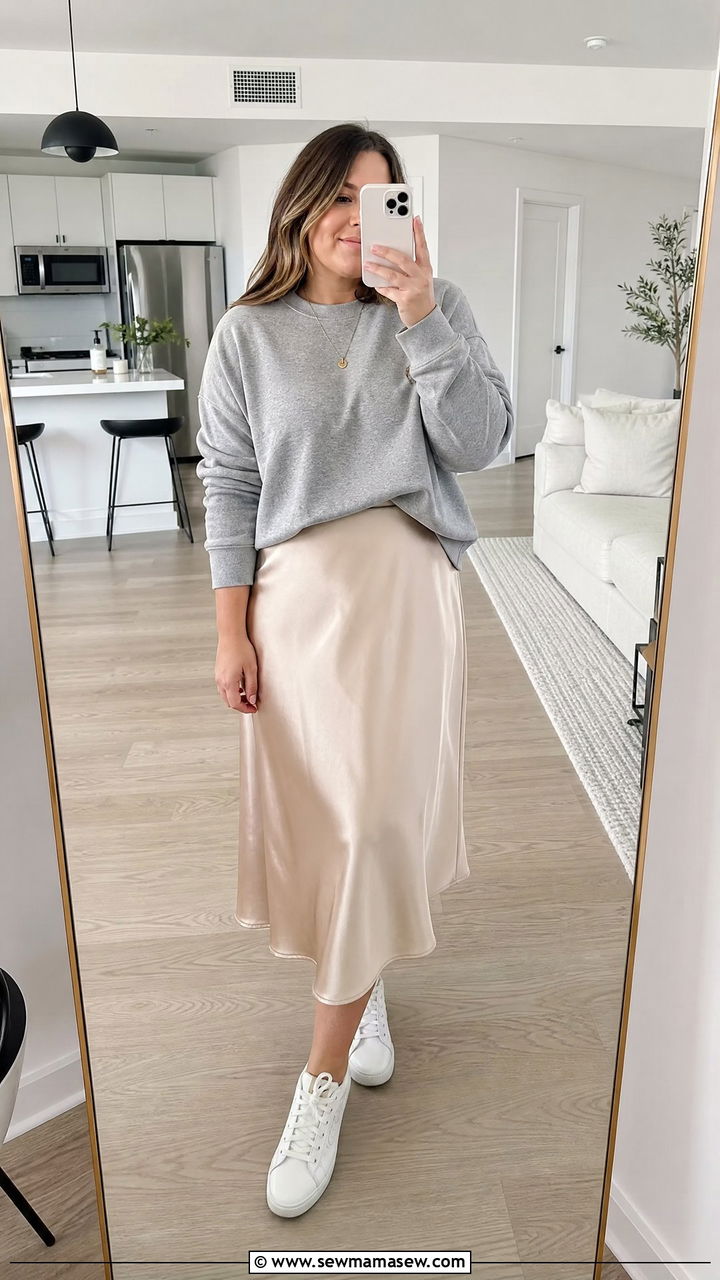 Crewneck Sweatshirt With A Satin Slip Skirt And Sneakers - 35 Midsize capsule wardrobe