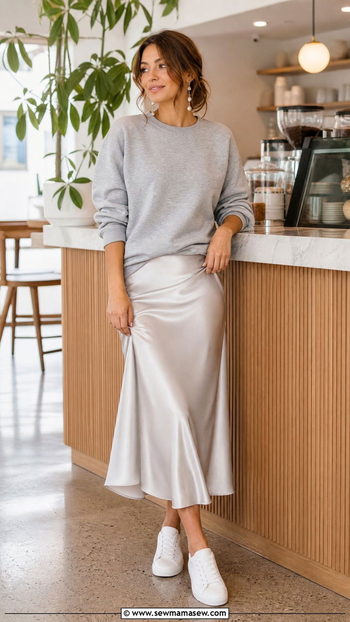 Crewneck Sweatshirt With Midi Slip Skirt - 25 casual outfits for modest women