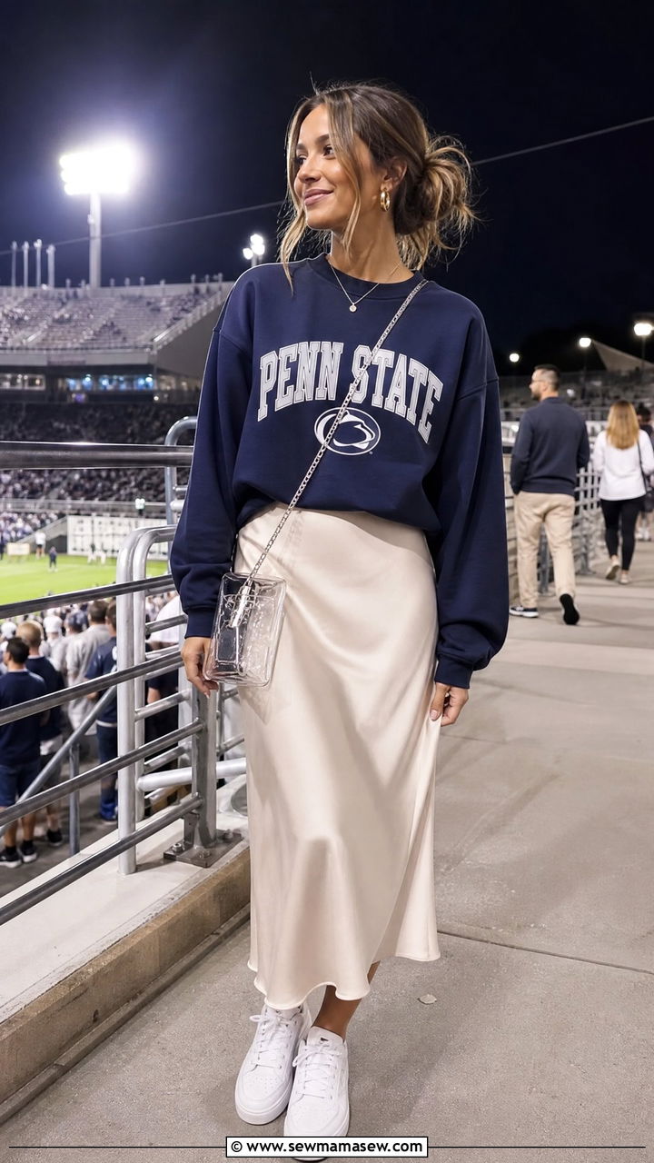 Crewneck Sweatshirt With Satin Midi Skirt And Sneakers - 35 Gameday outfit ideas 2026