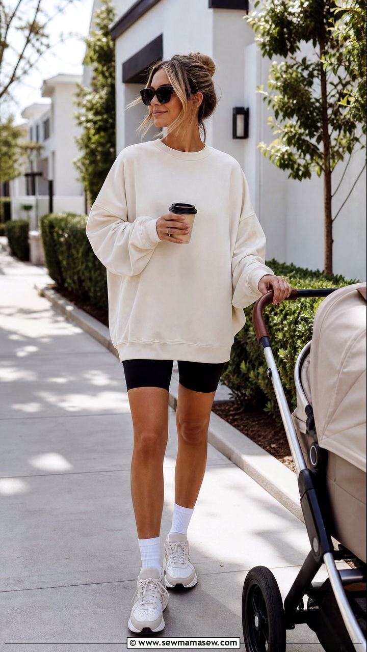 Crewneck Sweatshirt and Biker Shorts - 30 Outfit ideas for stay at home moms