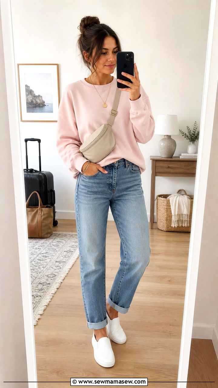 Crewneck Sweatshirt and Straight Leg Jeans - 40 Spring travel outfits