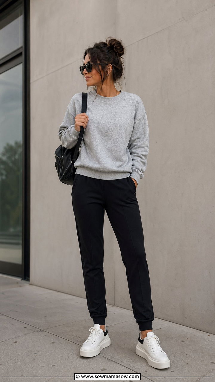Crewneck Sweatshirt and Tailored Joggers with Platform Sneakers - 35 errand outfit ideas for women