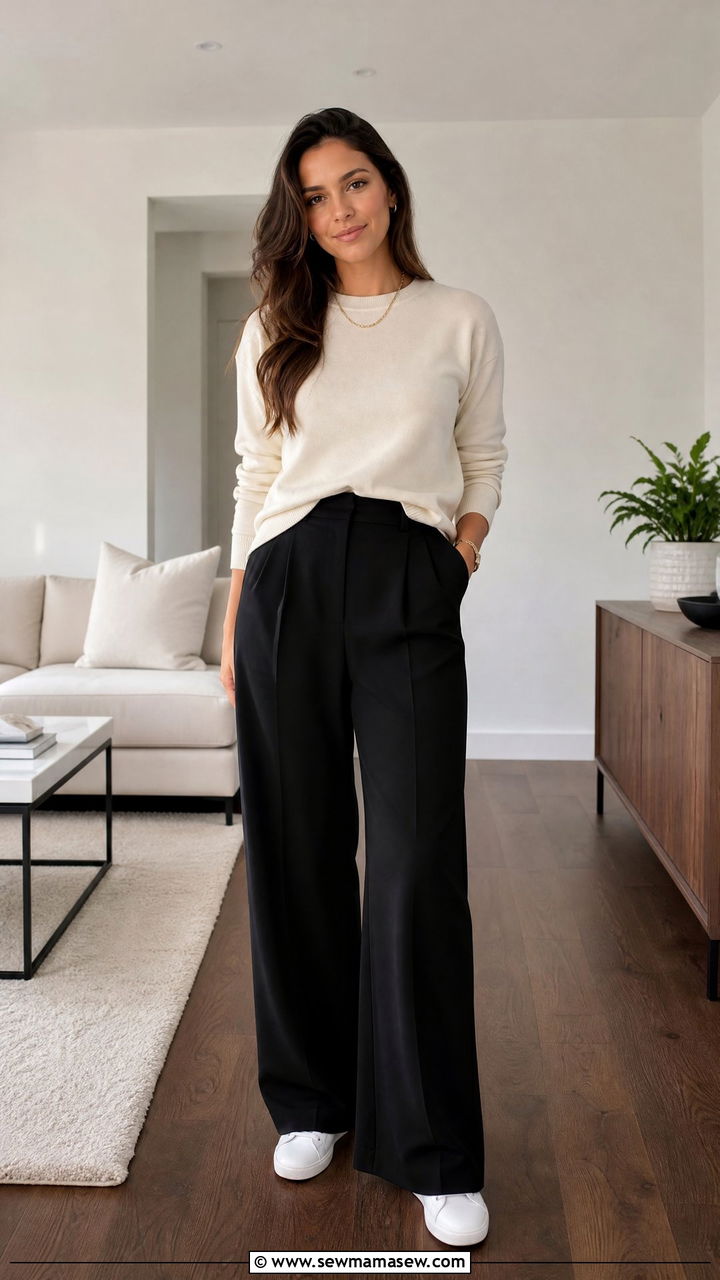 Crewneck Sweatshirt and Wide Leg Pants WFH Outfit - 25 Home office outfit ideas