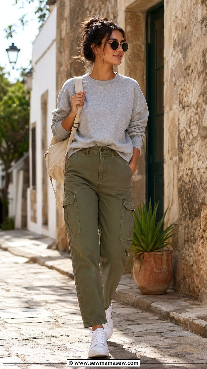 Crewneck Sweatshirt with Cargo Pants and Court Sneakers - 35 athleisure outfits for women