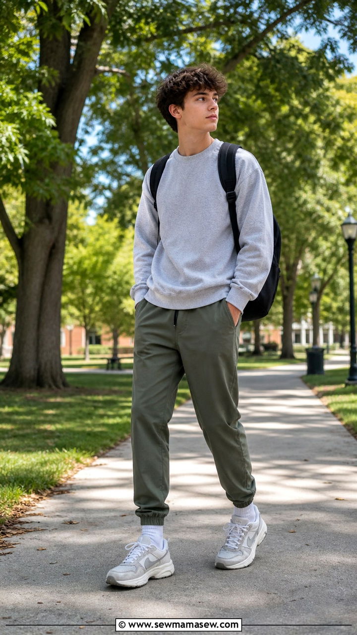 Crewneck Sweatshirt with Jogger Pants and Dad Sneakers - 40 back to school outfits ideas