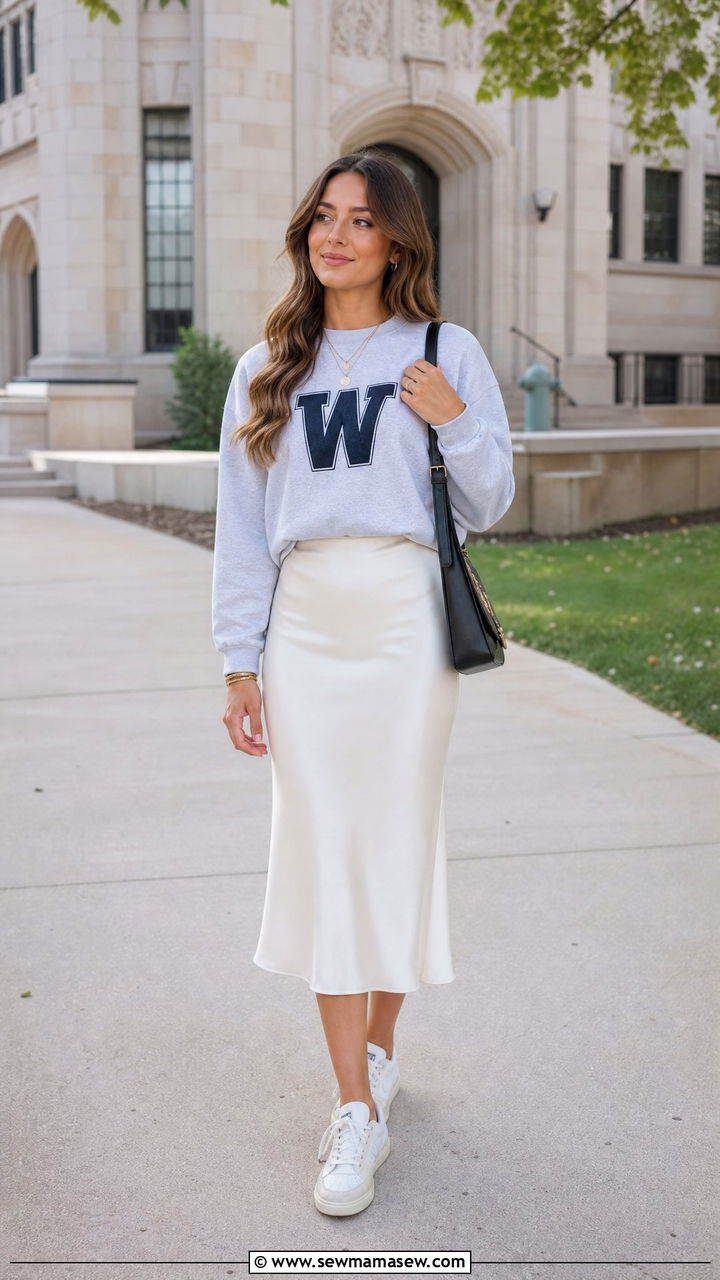 Crewneck Sweatshirt with Midi Skirt - 30 Game day outfit ideas for college
