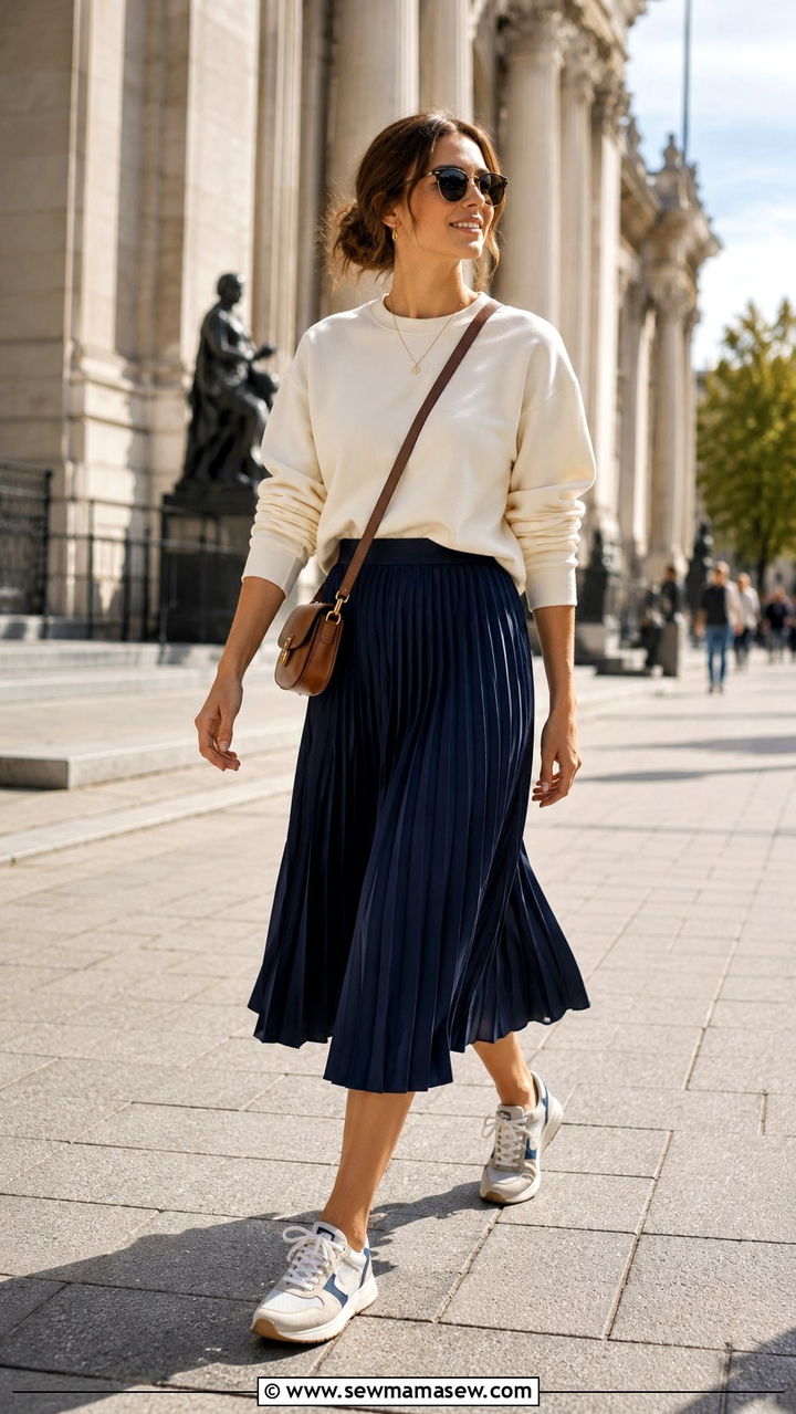 Crewneck Sweatshirt with Pleated Midi Skirt Outfit - 20 Spring outfits for 50-60 degree weather