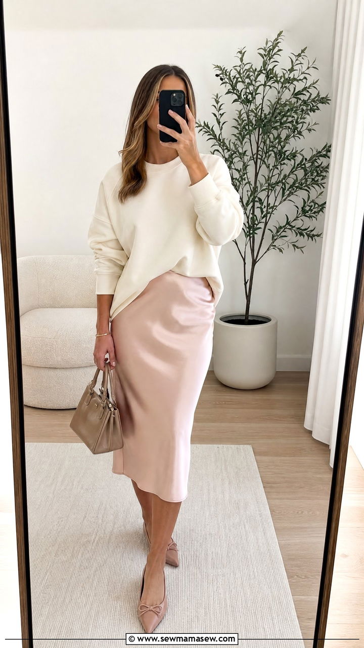 Crewneck Sweatshirt with Satin Pencil Skirt and Pointed Flats - 30 classy sporty chic outfit ideas