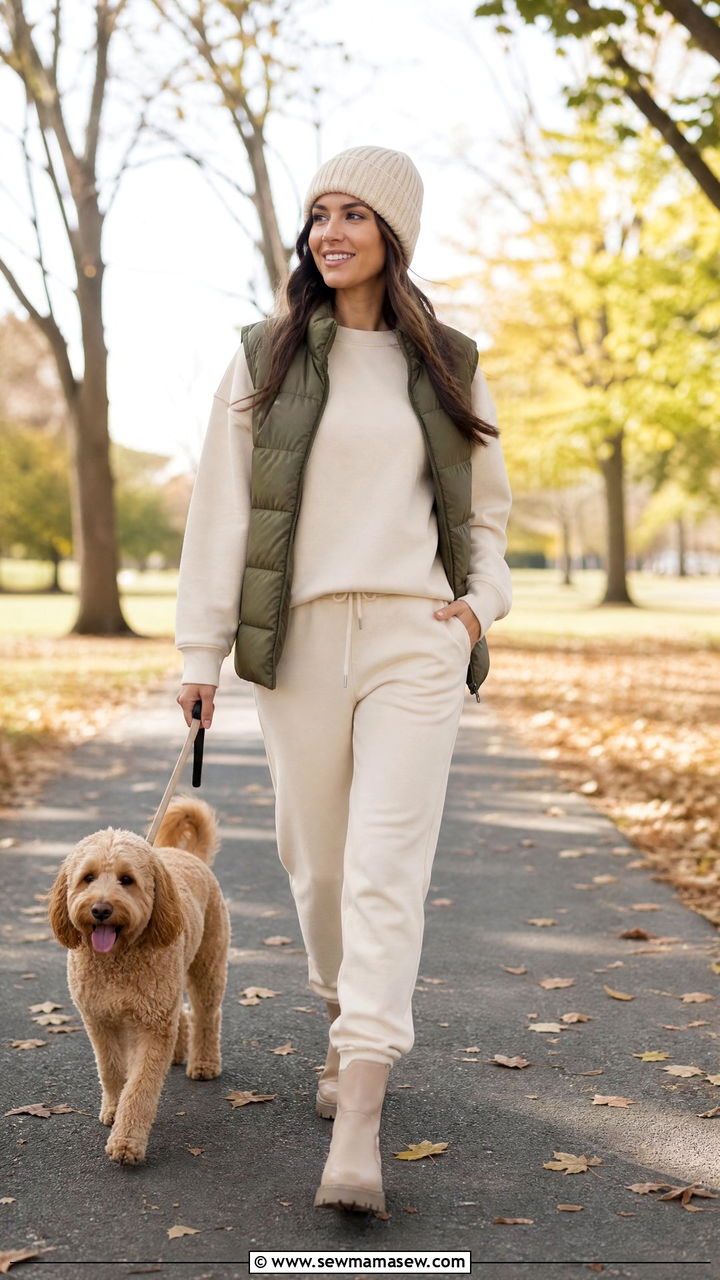Crewneck Sweatshirt with Sweatpants and Puffer Vest - 25 Loungewear outfit ideas for moms