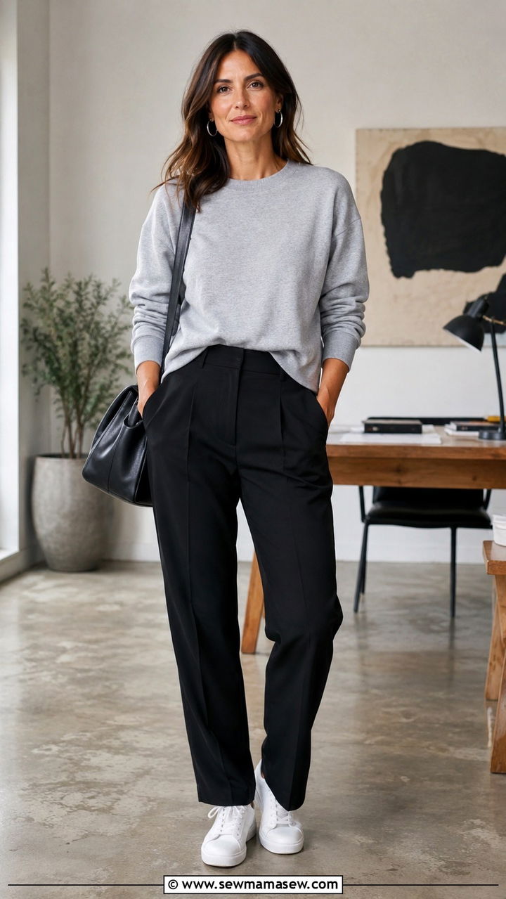 Crewneck Sweatshirt with Tailored Trousers - 30 casual outfits for women over 30