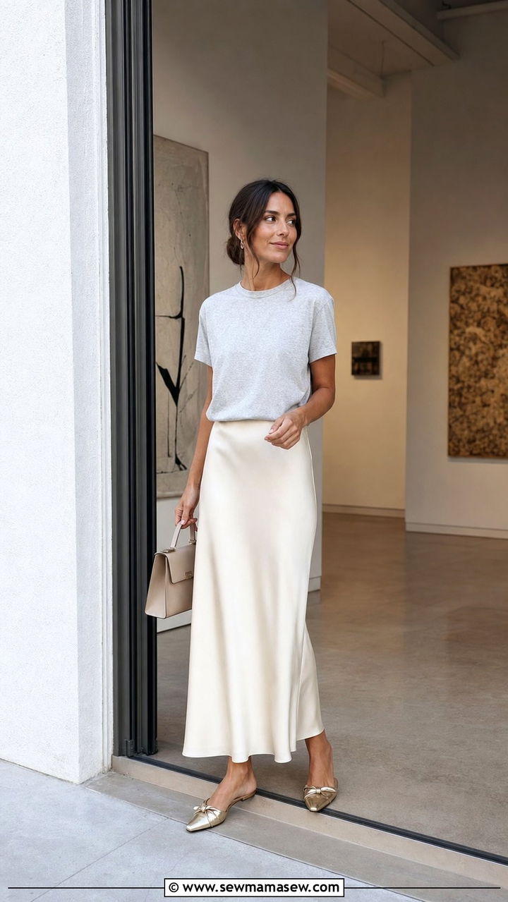 Crewneck Tee And Silk Skirt In Cream Outfit - 25 errands outfits aesthetic