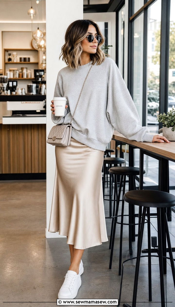 Crewneck and Satin Midi Skirt Outfit - 25 Cute outfits for women in their 20s