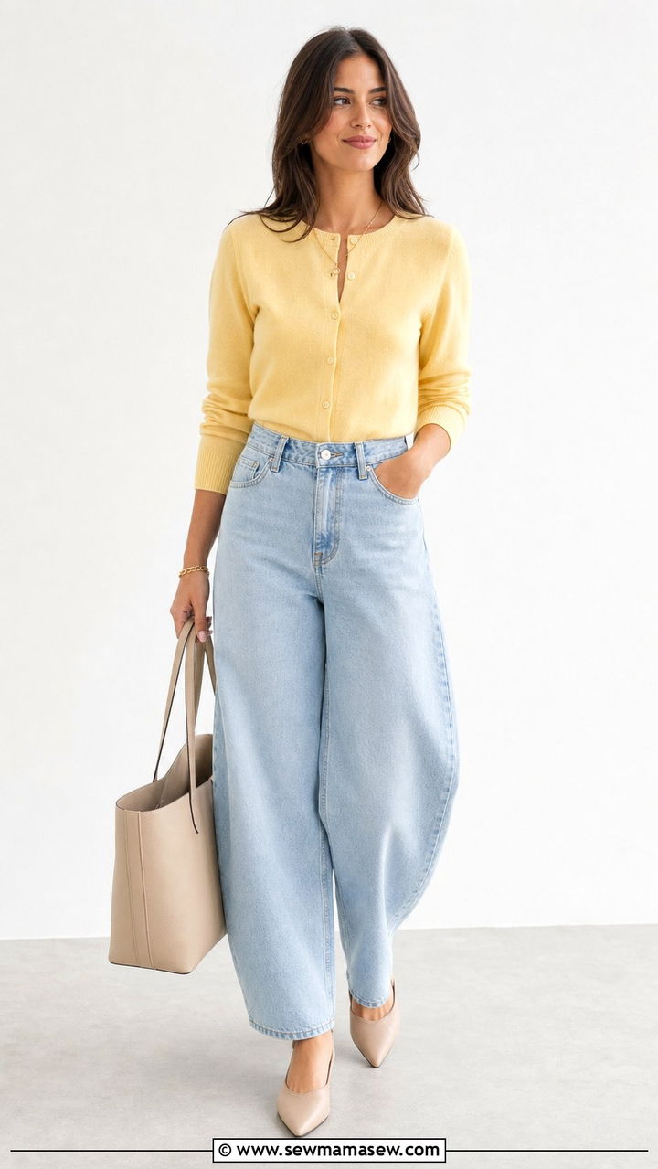 Crewneck cardigan with barrel leg jeans and pointed flats - 25 spring early spring outfit ideas