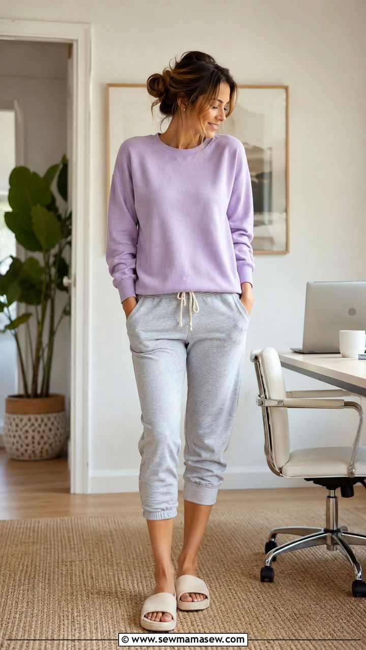 Crewneck pullover with cropped sweatpants and indoor slides - 30 Spring outfit ideas for work from home