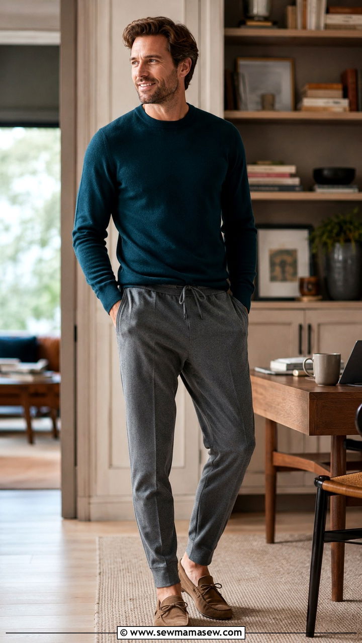 Crewneck sweater and tailored jogger work from home look - 30 Remote worker outfit ideas