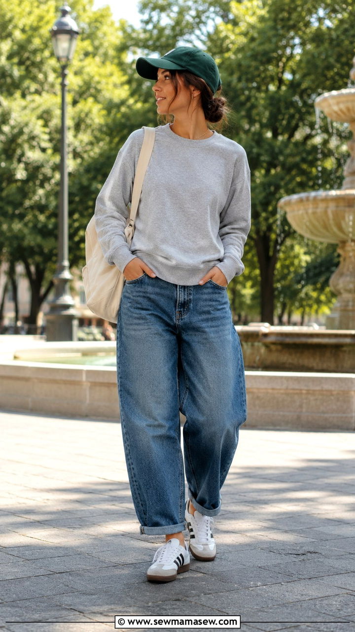 Crewneck sweater with barrel jeans and retro sneakers - 25 Barrel jeans outfit ideas with a sweater