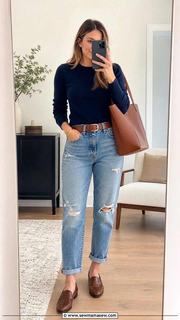 Crewneck sweater with boyfriend jeans and penny loafers - 25 Boyfriend jeans outfit ideas with a sweater