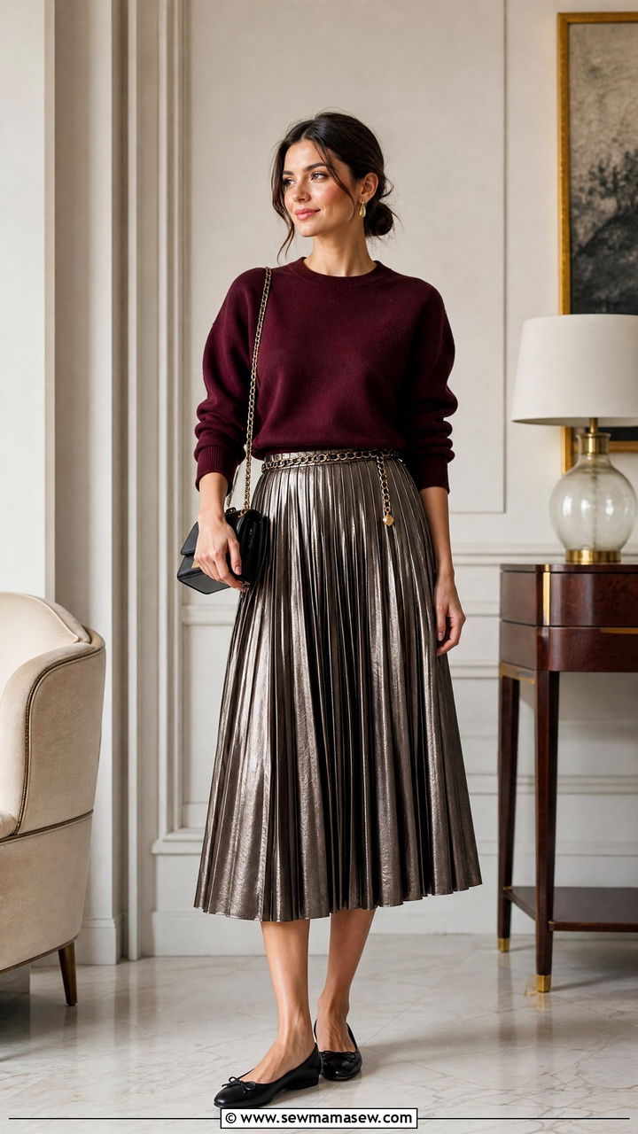 Crewneck sweater with pleated midi skirt and ballet flats - 30 summer to fall outfits for women