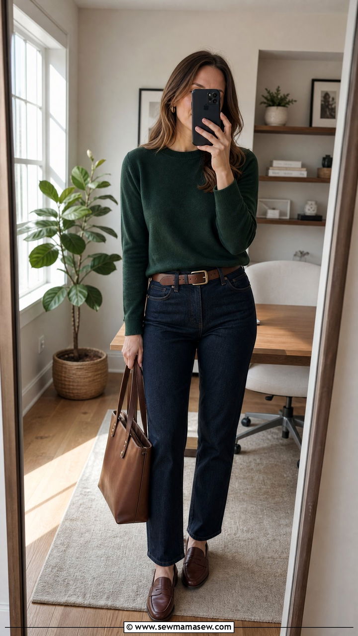 Crewneck sweater with straight leg jeans and loafers - 25 Business casual outfits with jeans