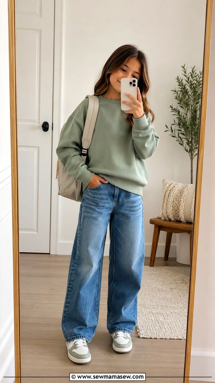 Crewneck sweatshirt and barrel leg jeans outfit - 30 Kids back to school outfit ideas
