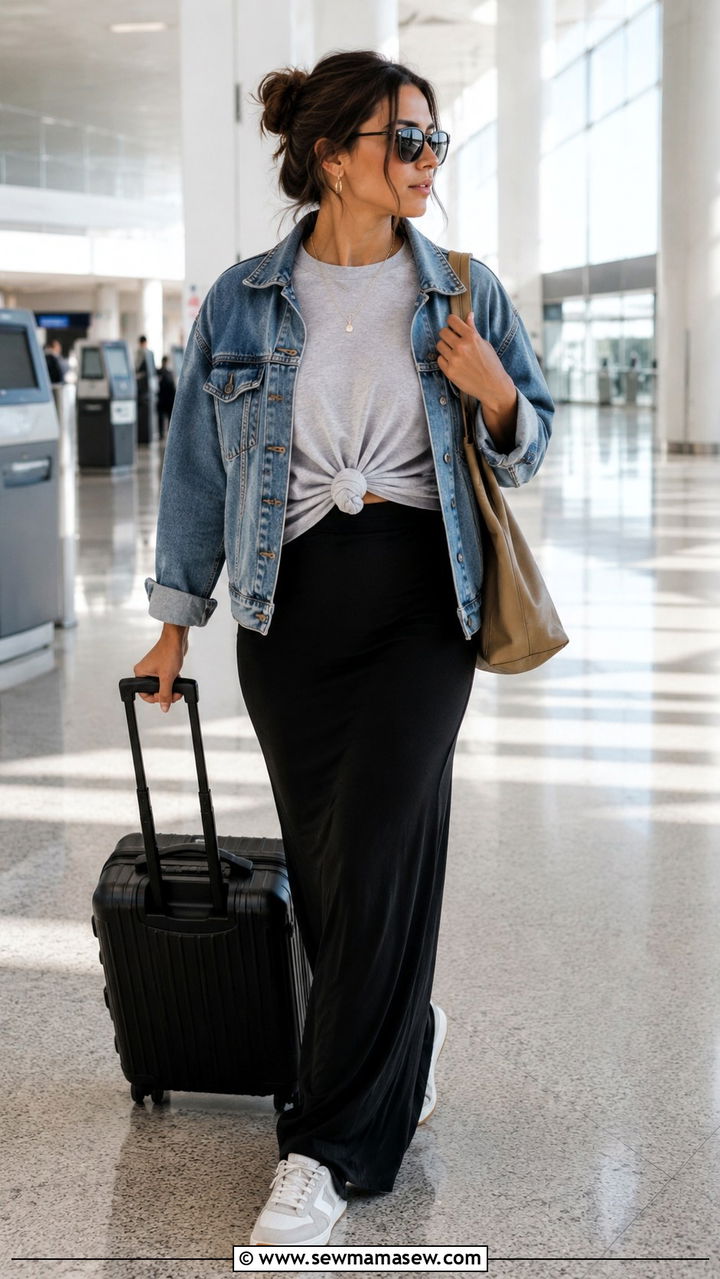 Crewneck sweatshirt with a jersey maxi skirt - 30 Loungewear outfit ideas for airport
