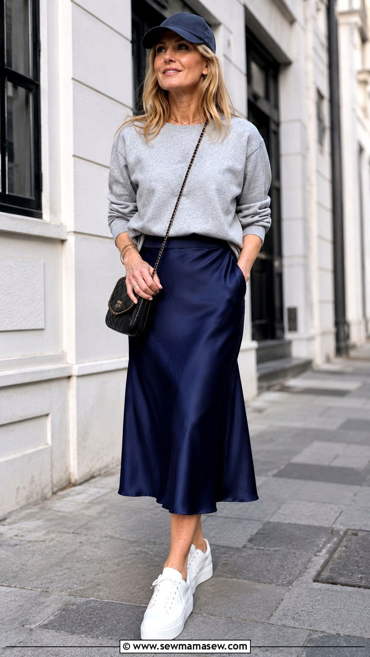 Crewneck sweatshirt with midi skirt and platform sneakers - 25 model off duty outfit ideas for women over 40