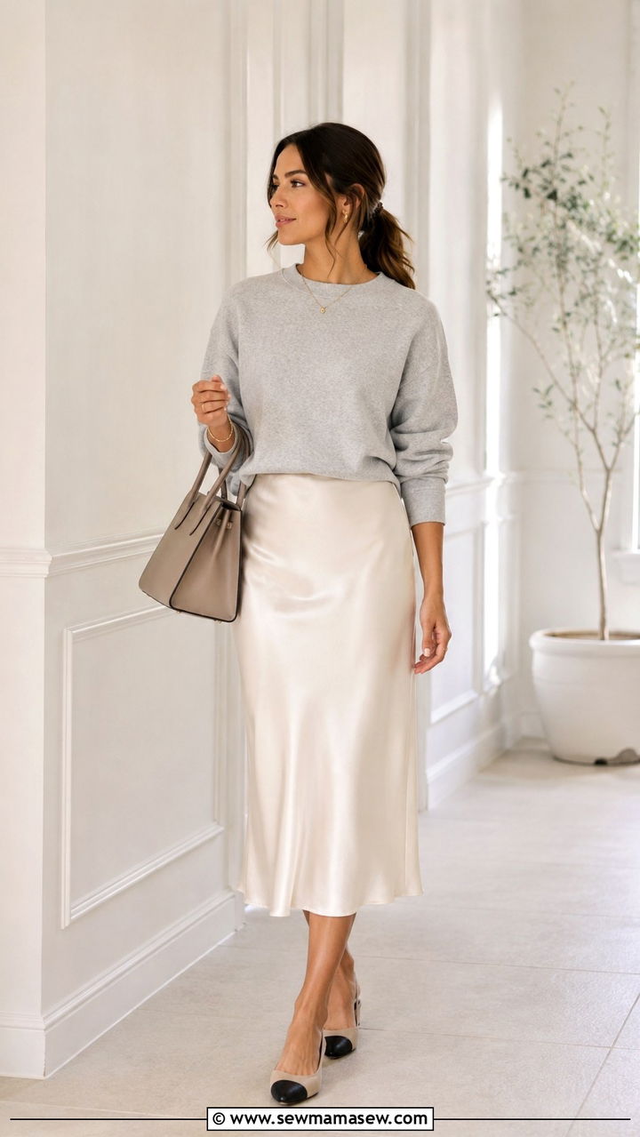 Crewneck sweatshirt with satin midi skirt and slingback flats - 30 spring running errands outfit ideas