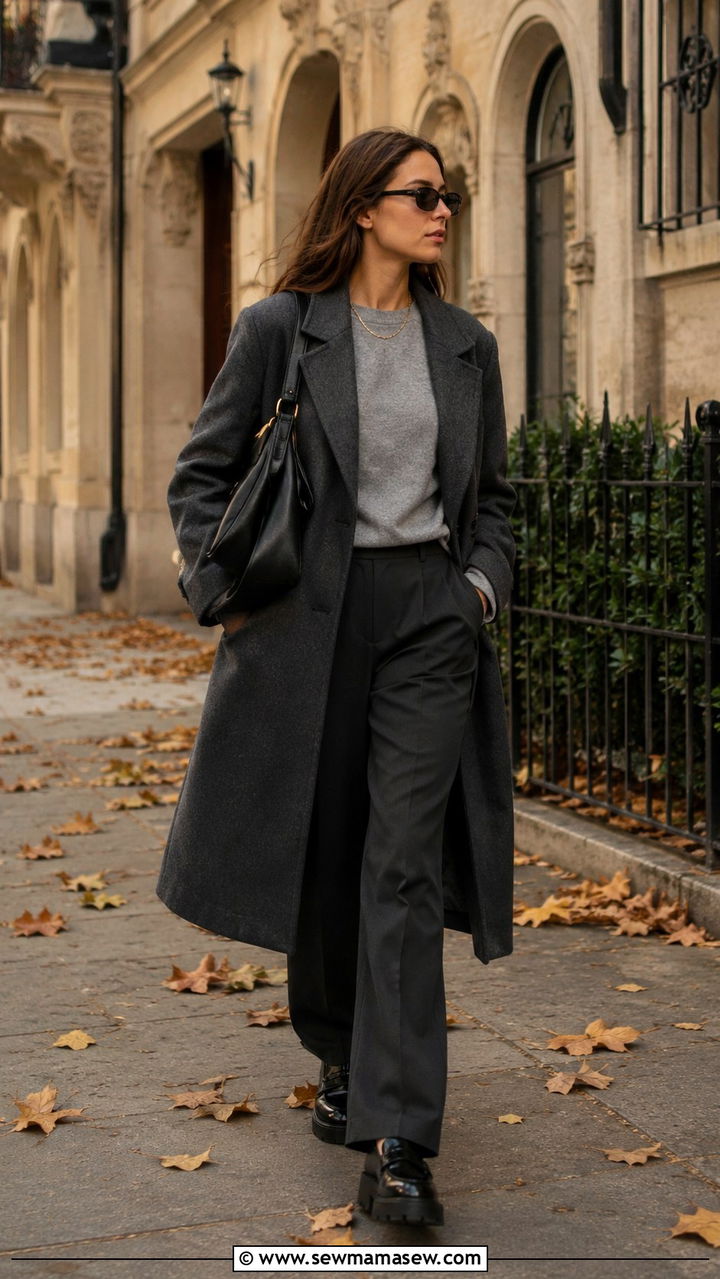 Crewneck sweatshirt with tailored coat outfit - 30 casual sporty chic outfits