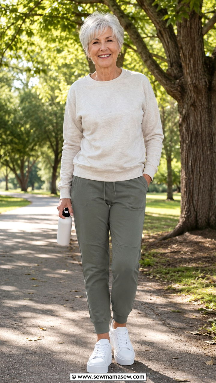 Crewneck sweatshirt with tailored joggers - 30 Outfit ideas for women over 70 casual 2026