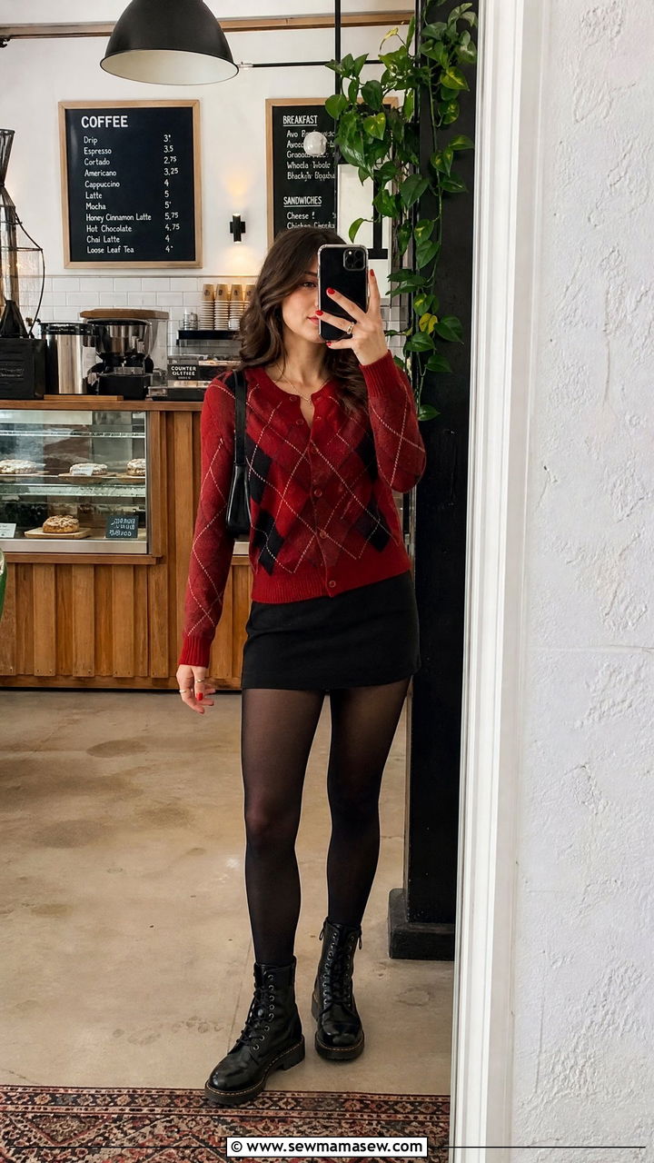 Crimson Argyle Cardigan With Black Mini Skirt - 30 Dark romance outfit ideas