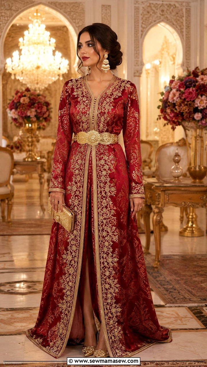 Crimson Red Brocade Takchita with Metallic Belt - 25 Wedding guest outfit ideas Moroccan wedding