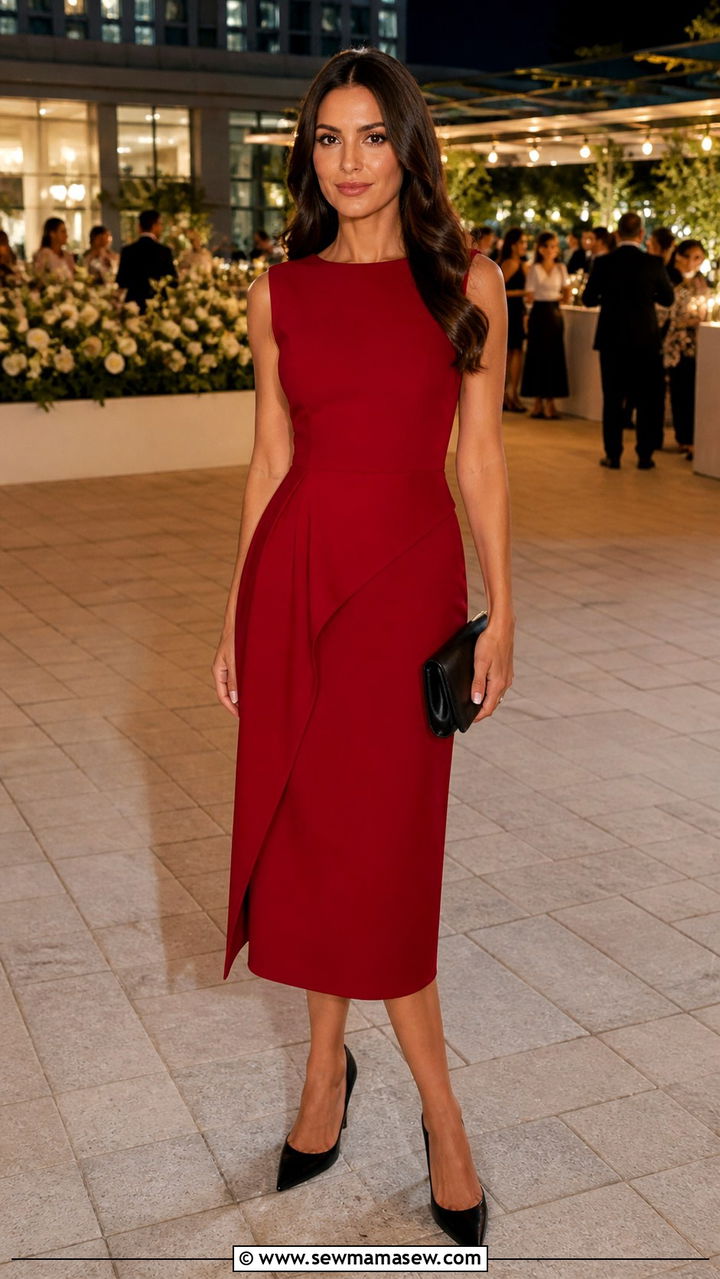 Crimson Red Structured Midi Dress - 40 Elegant wedding guest outfits