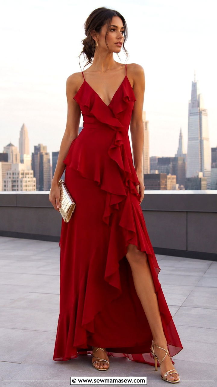 Crimson Ruffle Maxi Dress For Evening - 30 romantic outfit ideas for women