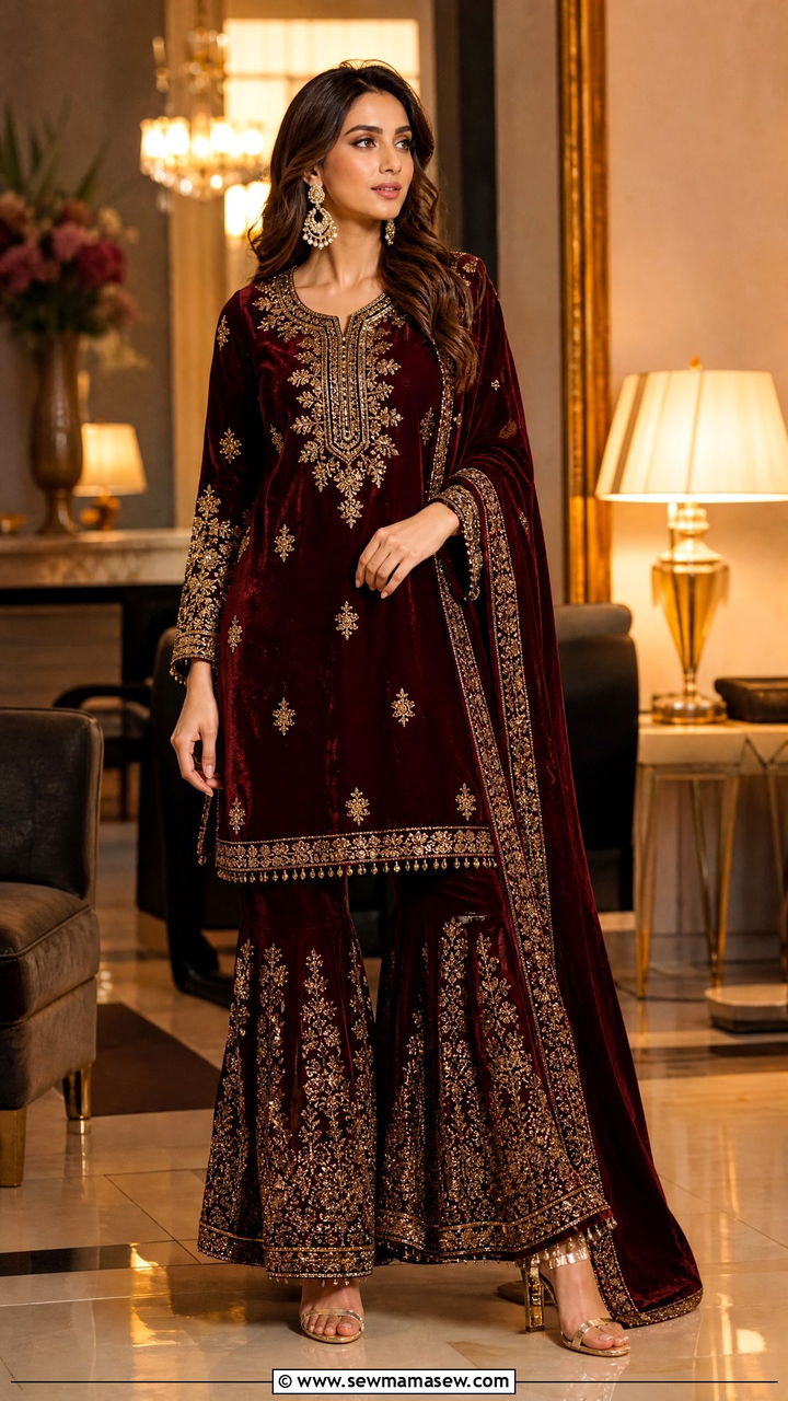Crimson Velvet Sharara Suit For Evening - 40 Eid outfit ideas for women