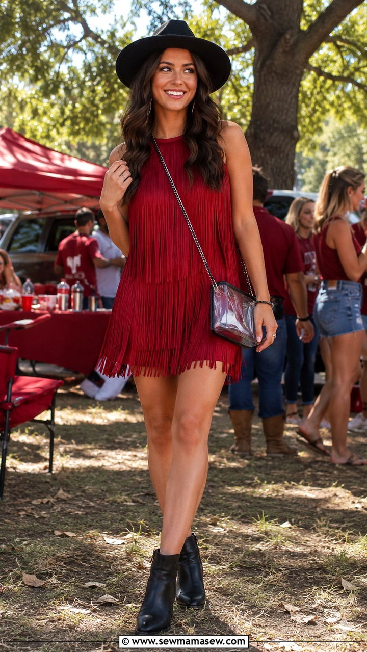Crimson fringe dress with booties - 20 Gameday outfit ideas Alabama