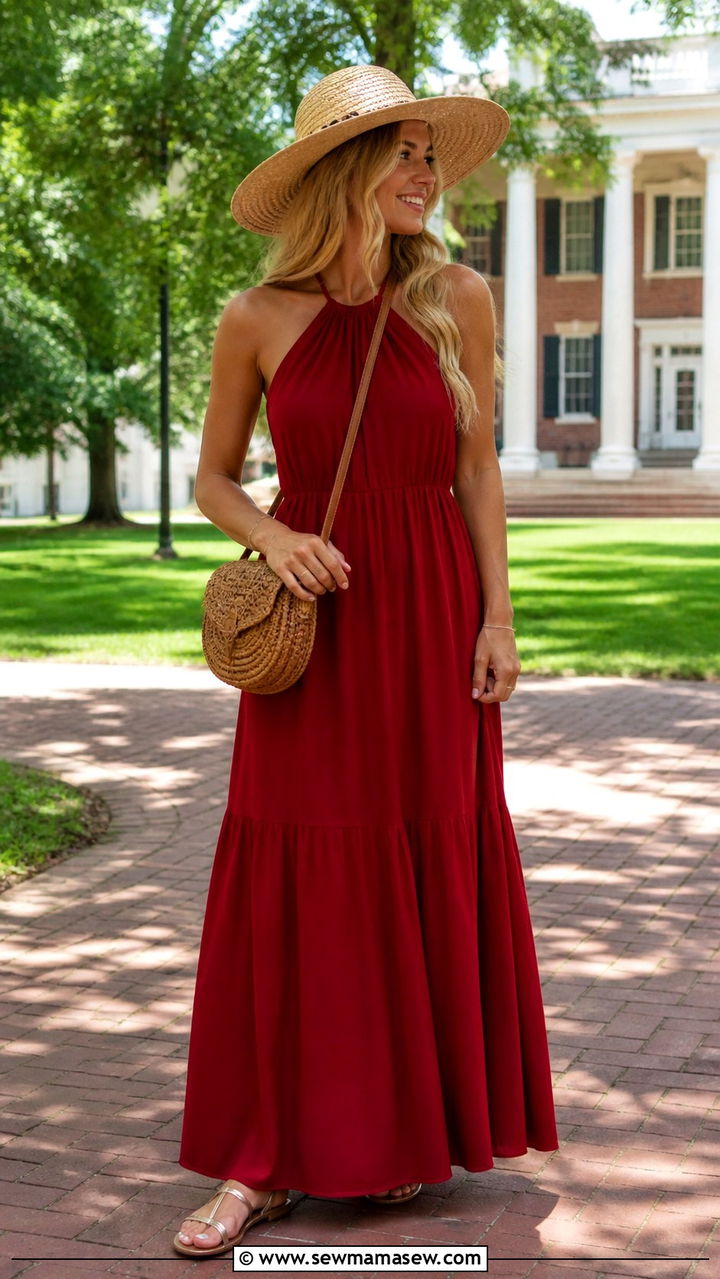 Crimson maxi dress with flat sandals - 20 Gameday outfit ideas Alabama