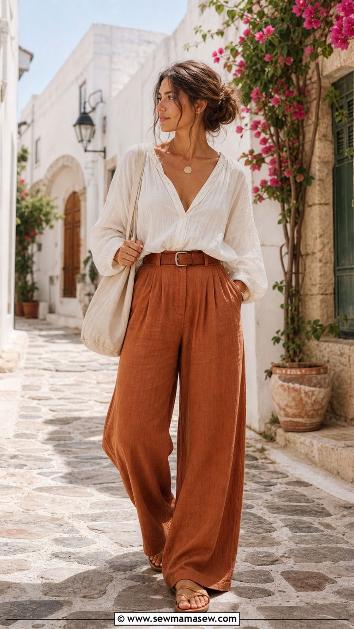 Crinkle Cotton Blouse with Linen Wide Leg Pants - 40 Bohemian outfit ideas