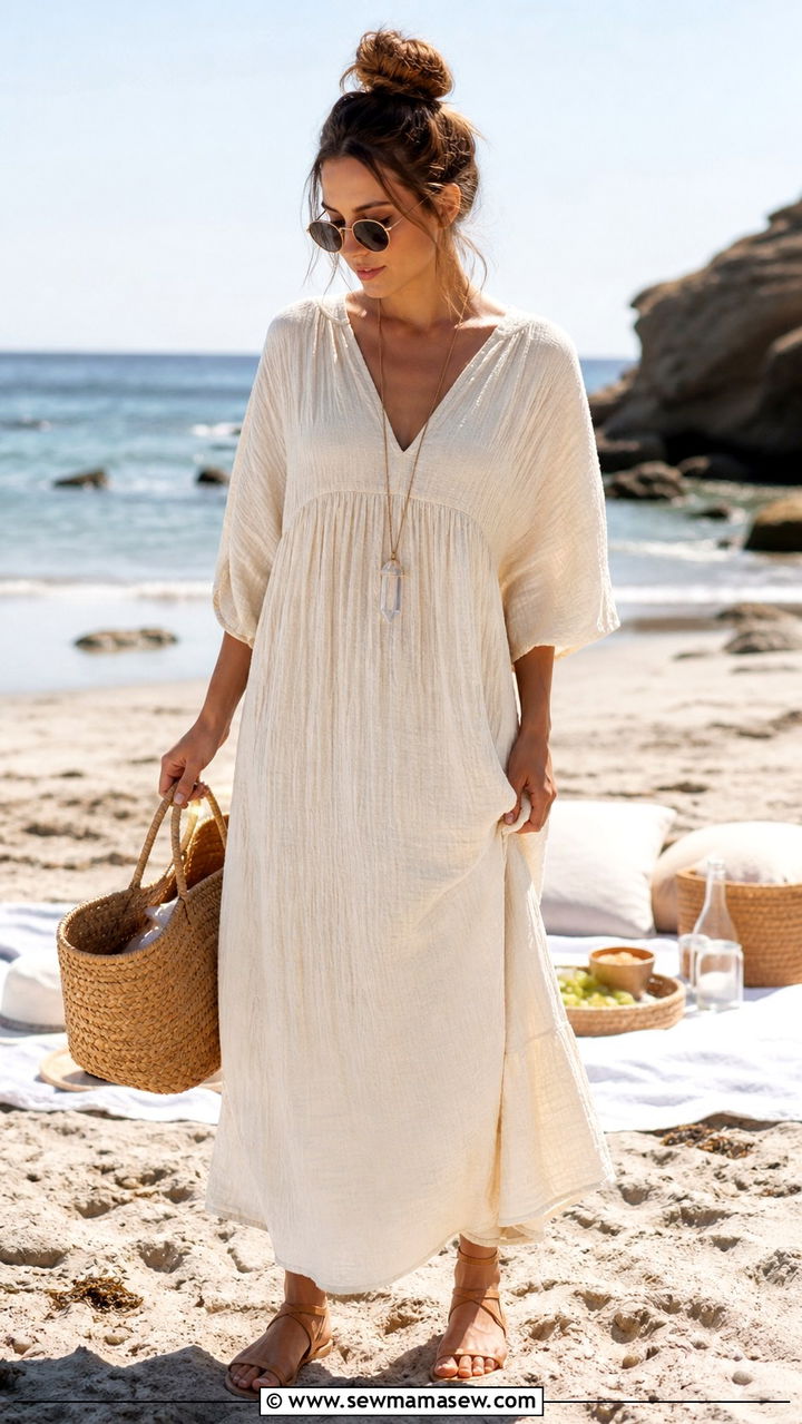 Crinkle Gauze Maxi Dress With Leather Sandals - 40 Boho spring outfits