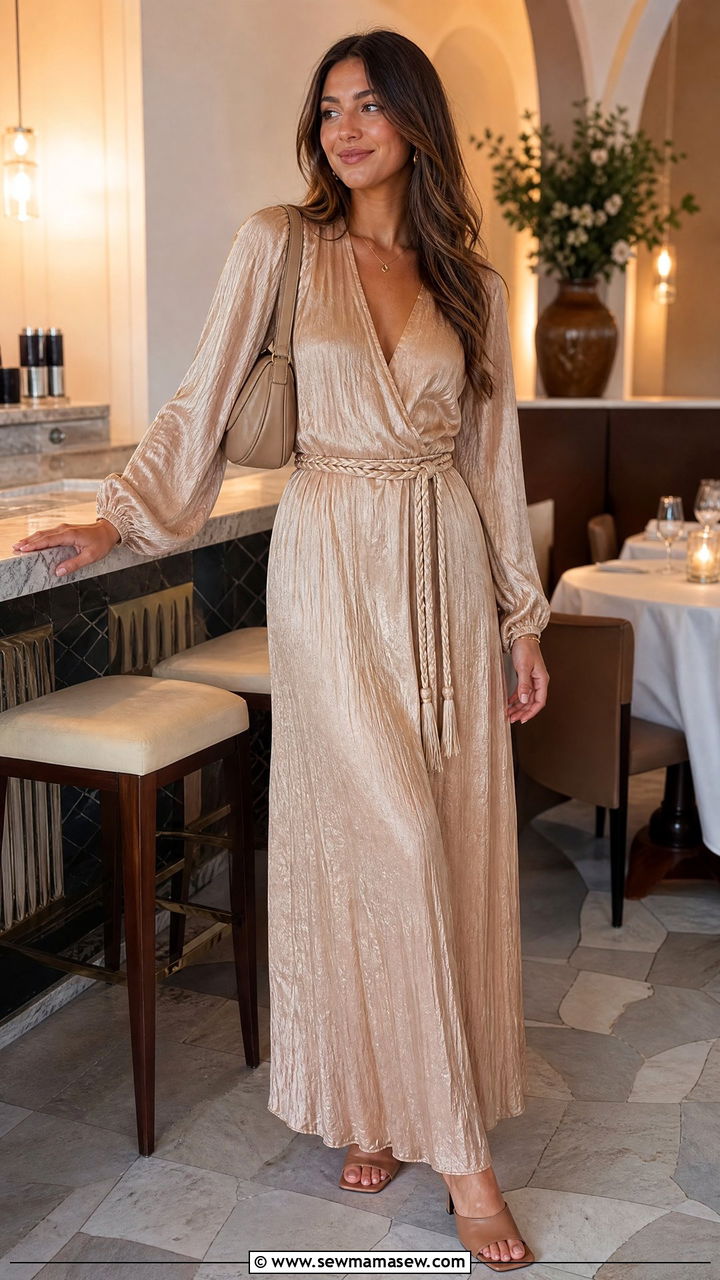 Crinkle Satin Maxi Dress with Braided Belt and Heeled Mules - 30 Maxi dress outfit ideas with a belt
