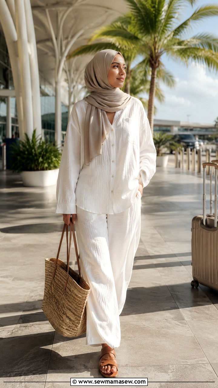 Crinkled Linen Matching Set with Slide Sandals - 30 Modest outfit ideas for airport