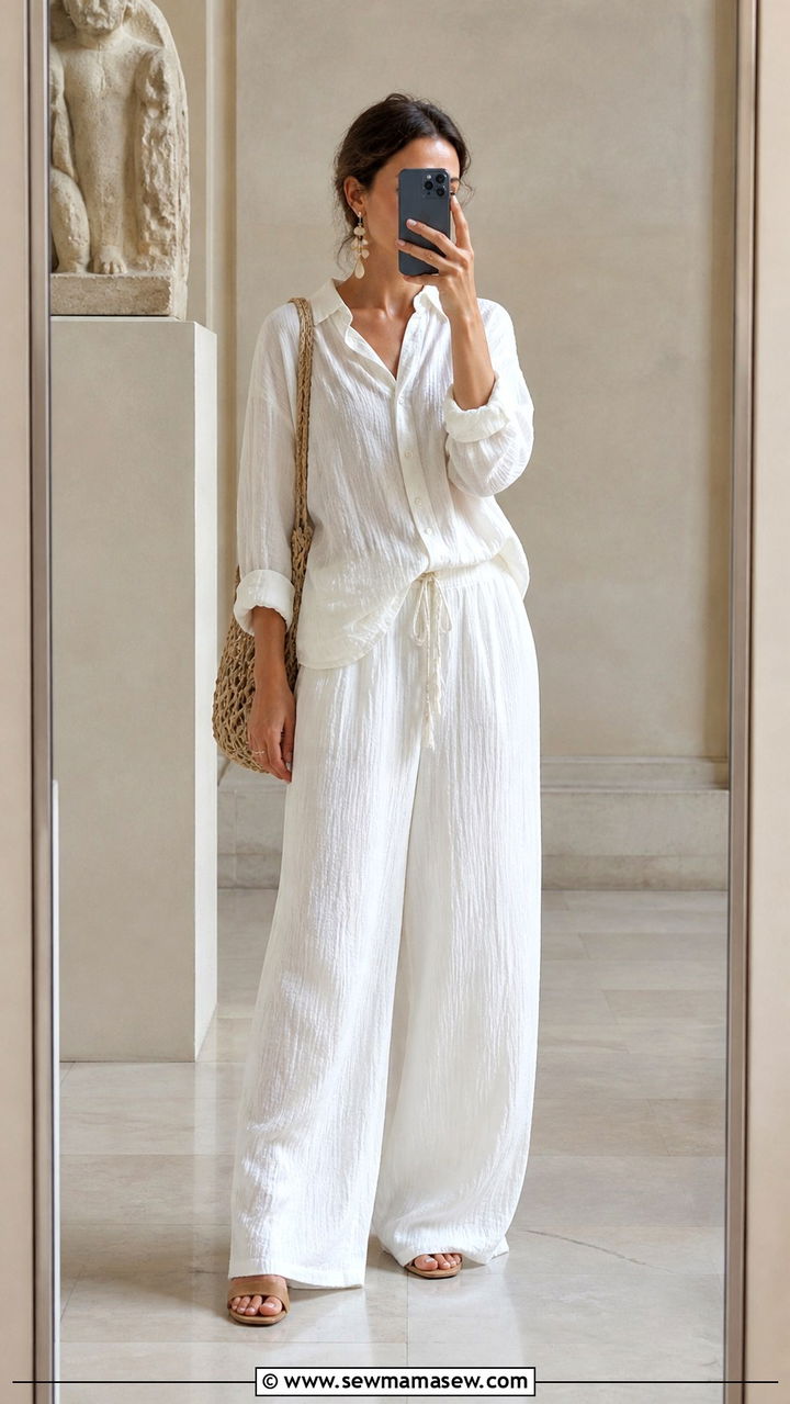 Crinkled cotton blouse with wide leg white pants - 40 Summer Italy outfit ideas