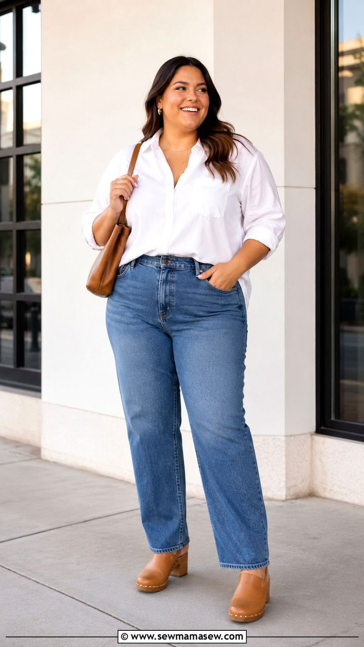 Crisp Button Down Shirt With Straight Leg Jeans and Heeled Clogs - 20 Plus size outfit ideas size 18