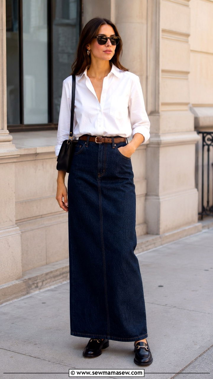 Crisp Button Down Shirt and Loafers With a Denim Maxi Skirt - 30 denim maxi skirt outfit ideas