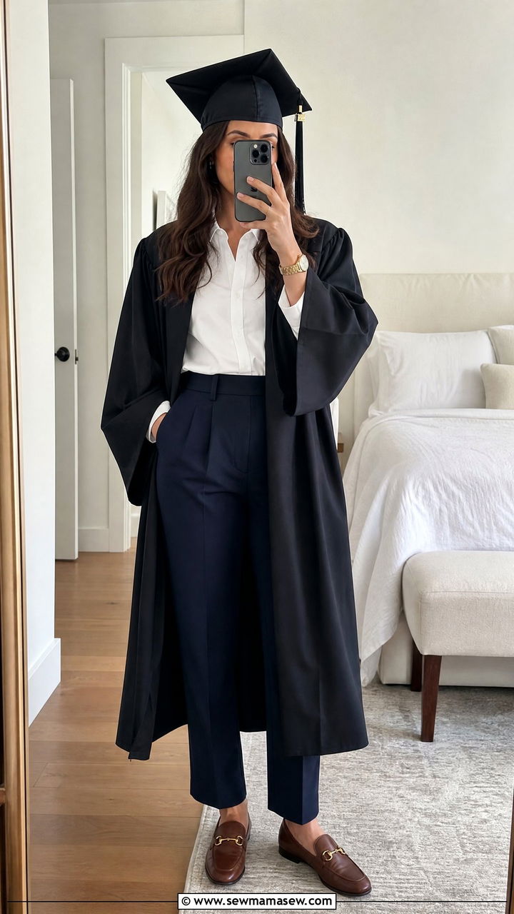 Crisp Button Down with Tailored Trousers - 30 Graduation cap and gown outfit ideas