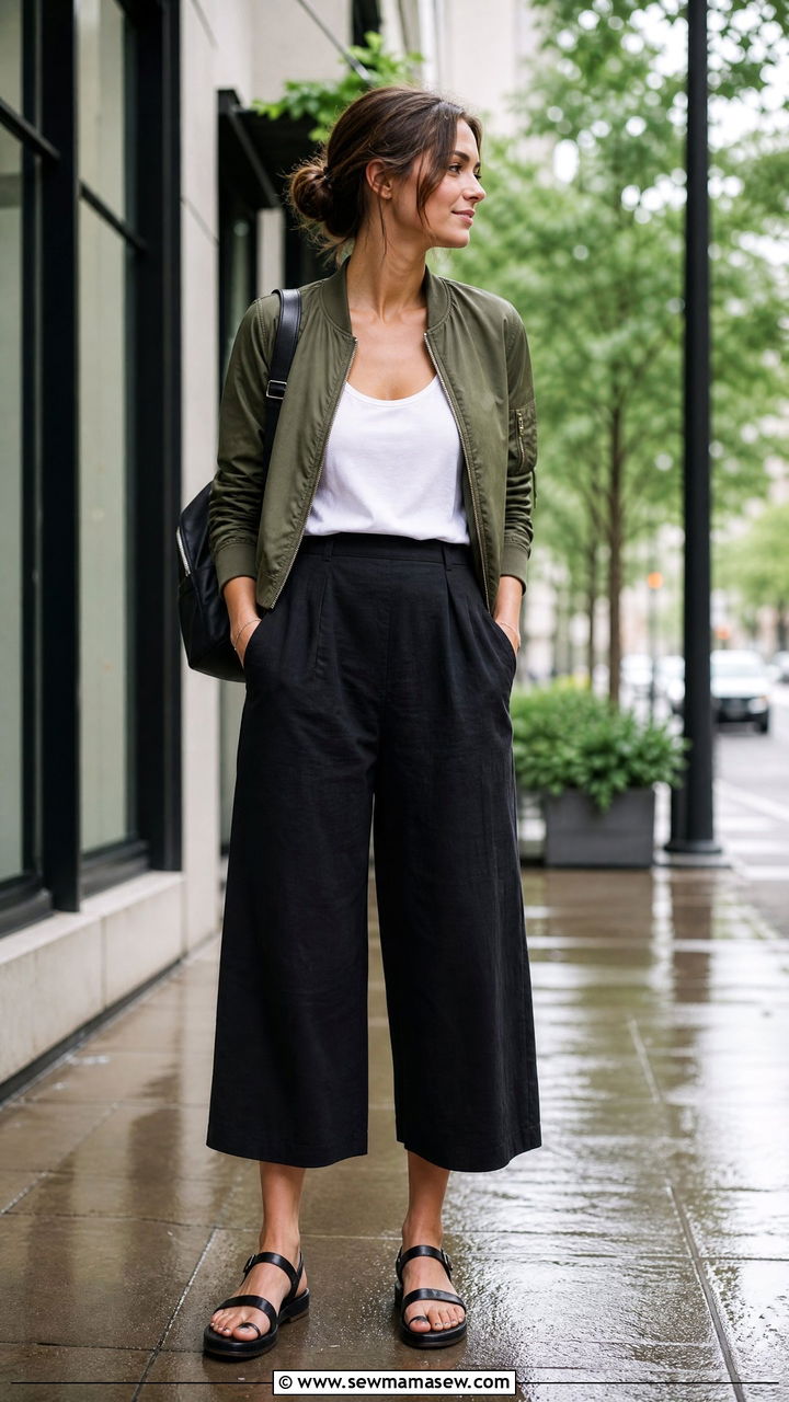 Crisp Culottes with Bomber Jacket and Waterproof Sandals - 30 summer rainy day outfit ideas