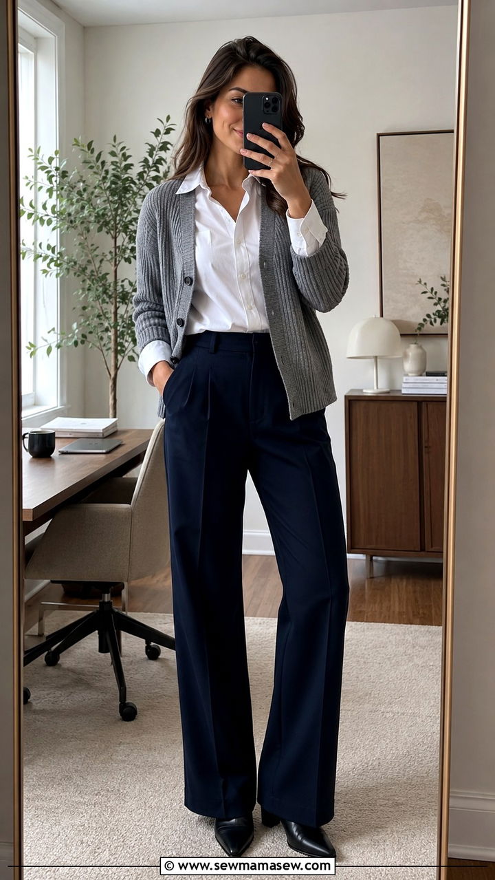 Crisp Poplin Shirt With Structured Trousers And Ribbed Cardigan Outfit - 25 work outfits for modest women