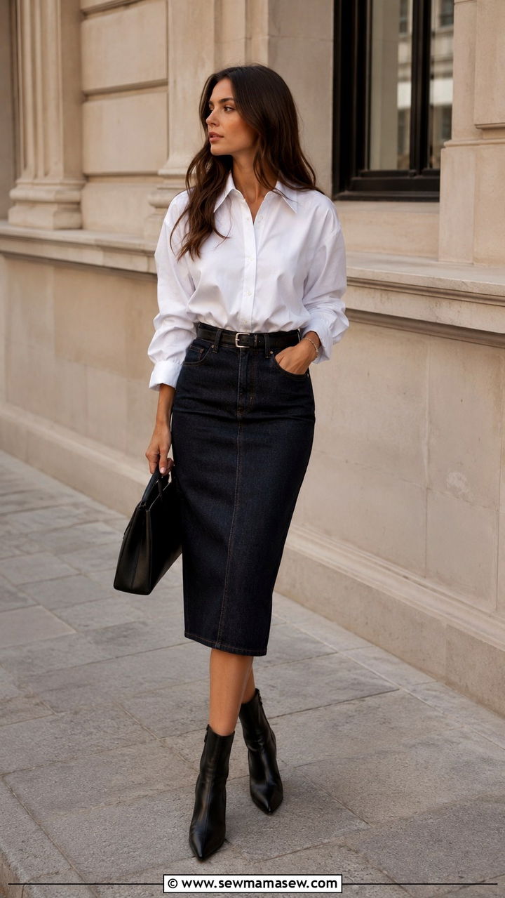Crisp Poplin Shirt with Dark Denim Pencil Skirt and Ankle Boots - 20 Quiet luxury outfit ideas Khaite style