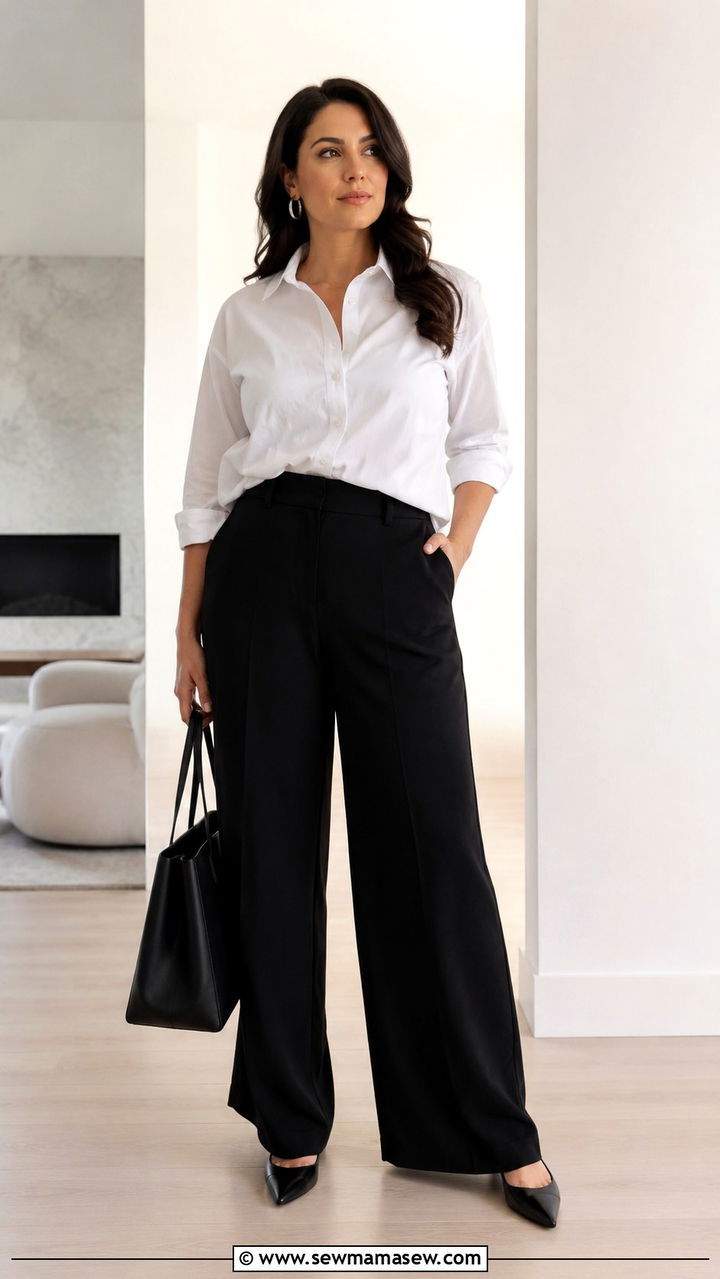 Crisp White Button Down And Tailored Wide Leg Trousers - 30 Minimalist outfits for curvy women