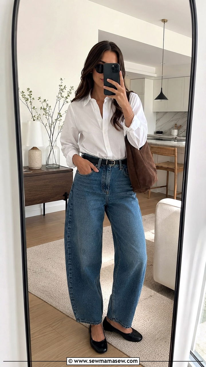 Crisp White Button Down With Barrel Leg Jeans - 30 Spring city outfits